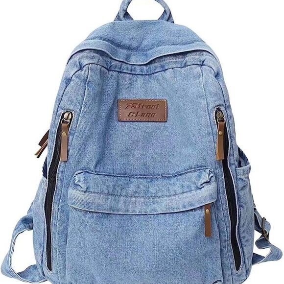 Denim Backpack for Women Men Vintage Grunge Backpack Blue Jeans Laptop Backpack - Picture 1 of 7